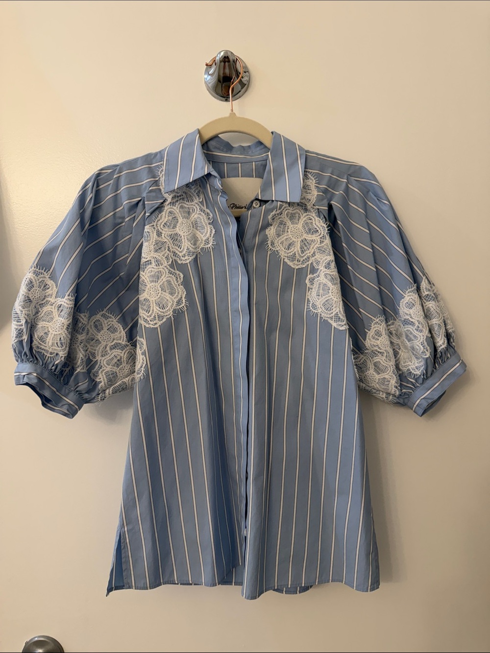 3.1 Phillip Lim Light Blue and White Striped Lace-Trim Button Down Shirt